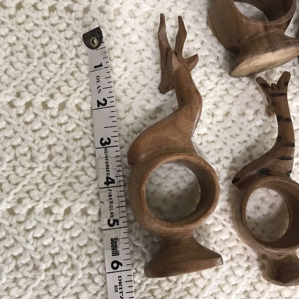 Vintage Hand Carved Wooden African Safari Animal Napkin Ring Holders Set of 8